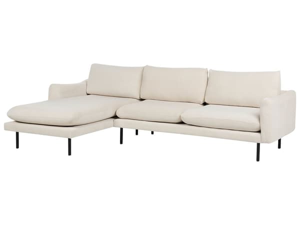 Kulmasohva vaalea beige neljälle kangasverhoilu alumiinijalat pehmusteet moderni retro