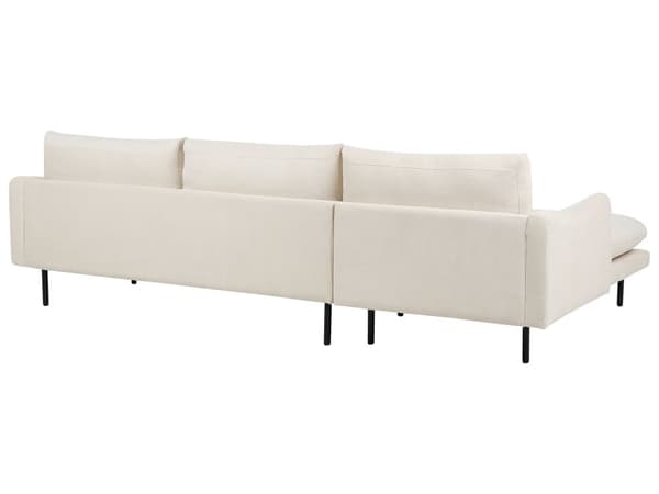 Kulmasohva vaalea beige neljälle kangasverhoilu alumiinijalat pehmusteet moderni retro