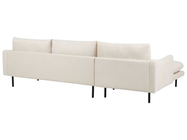 Kulmasohva vaalea beige neljälle kangasverhoilu alumiinijalat pehmusteet moderni retro
