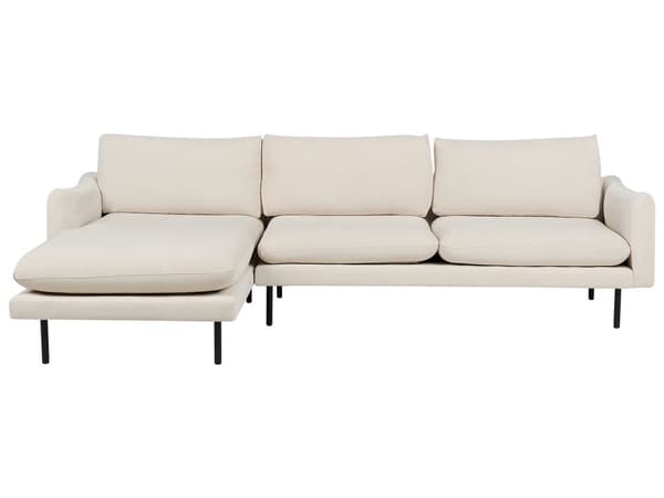 Kulmasohva vaalea beige neljälle kangasverhoilu alumiinijalat pehmusteet moderni retro