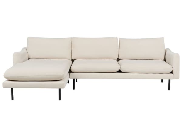 Kulmasohva vaalea beige neljälle kangasverhoilu alumiinijalat pehmusteet moderni retro