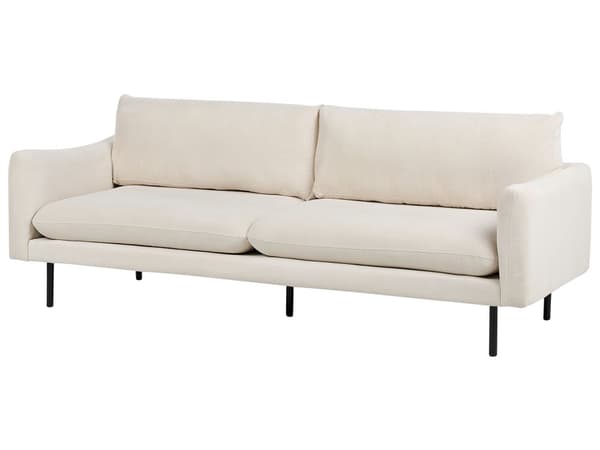 Sohva vaalea beige kolmelle kangasverhoilu alumiinijalat pehmusteet moderni retro