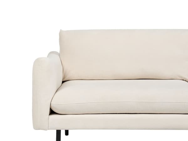 Sohva vaalea beige kolmelle kangasverhoilu alumiinijalat pehmusteet moderni retro