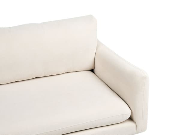 Sohva vaalea beige kolmelle kangasverhoilu alumiinijalat pehmusteet moderni retro