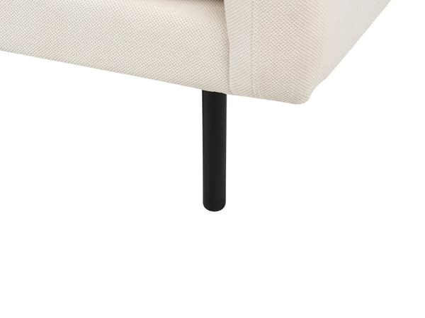 Sohva vaalea beige kolmelle kangasverhoilu alumiinijalat pehmusteet moderni retro