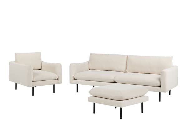 Stuesett med ottomanske lysebeige stoff svarte ben Hjørnesofa 3-seters lenestol fotskammel moderne retrostil