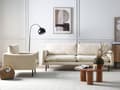 Miniatyrbilde 2 av 11: Stuesett Lysbeige stoff Svarte ben Hjørnesofa 3-seters lenestol Moderne retrostil