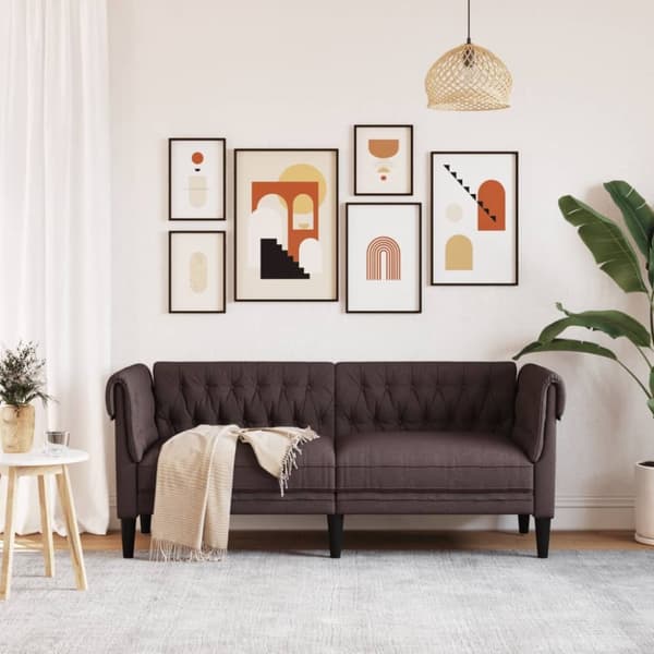 Chesterfield sohva, kahden istuttava, tummanruskea, verhoiltu kankaalla