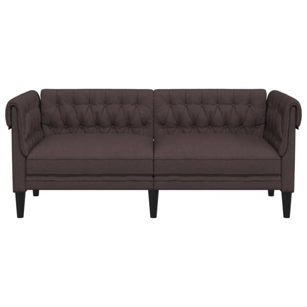 Chesterfield sohva, kahden istuttava, tummanruskea, verhoiltu kankaalla