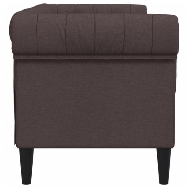 Chesterfield sohva, kahden istuttava, tummanruskea, verhoiltu kankaalla