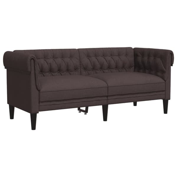 Chesterfield sohva, kahden istuttava, tummanruskea, verhoiltu kankaalla