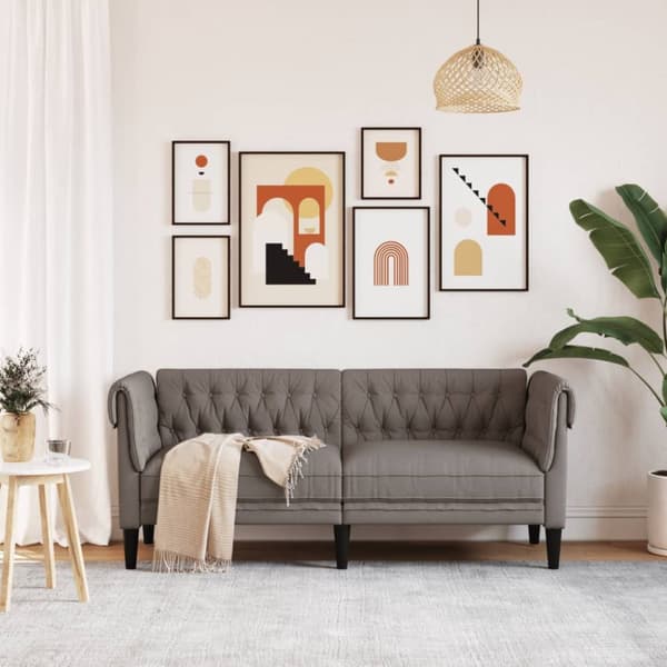 Chesterfield sohva, kahden istuttava, taupe väri, verhoiltu kankaalla
