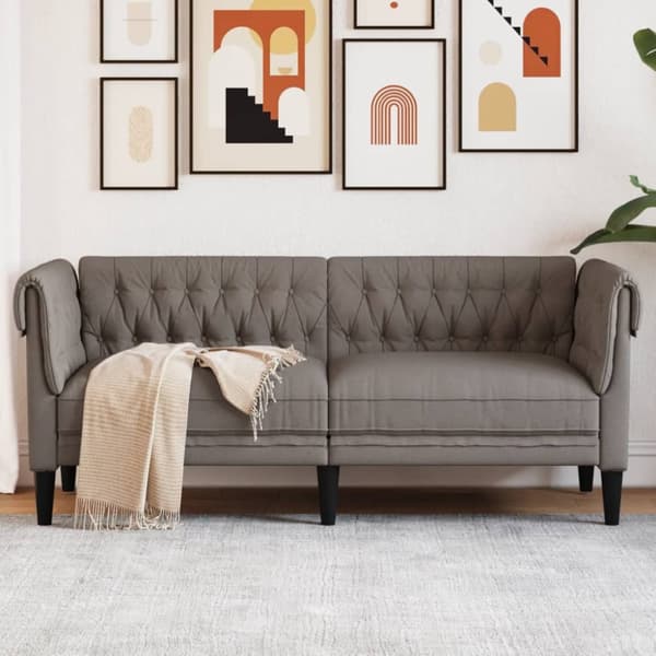 Chesterfield sohva, kahden istuttava, taupe väri, verhoiltu kankaalla