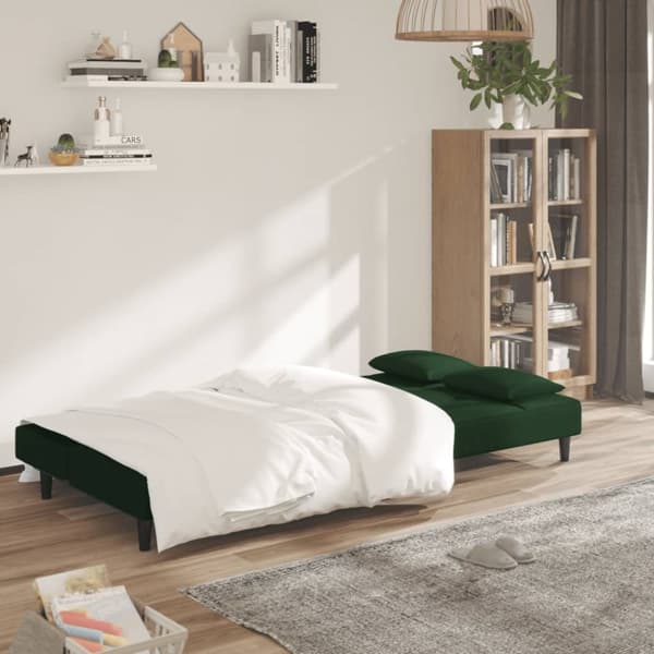 Bäddsoffa 2-sits med två kuddar mörkgrön sammet