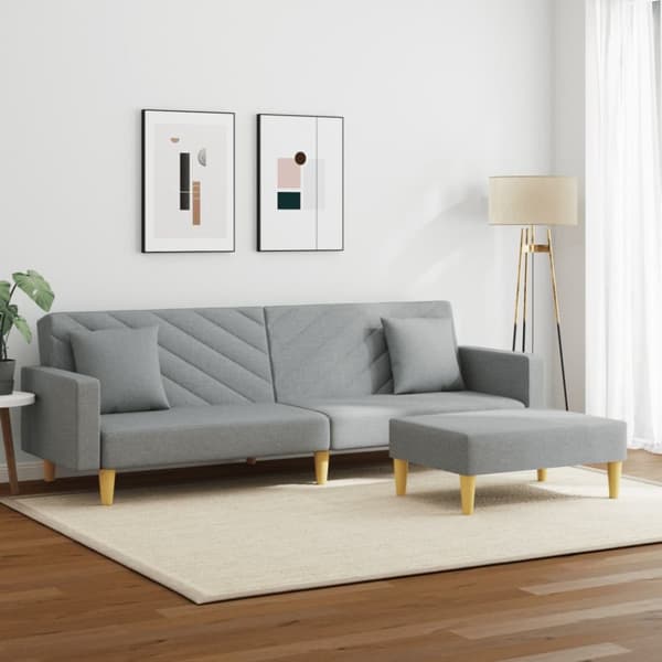 Bäddsoffa 2-sits med kuddar och fotpall ljusgrå tyg