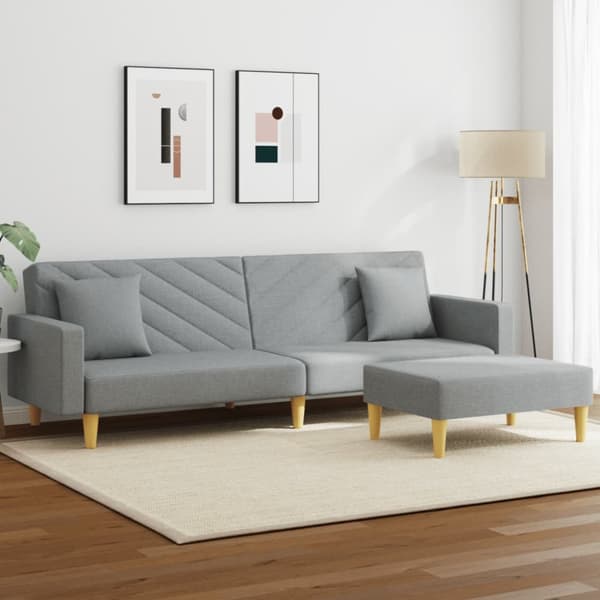 Bäddsoffa 2-sits med kuddar och fotpall ljusgrå tyg