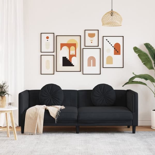 Soffa med kuddar 3-sits svart sammet