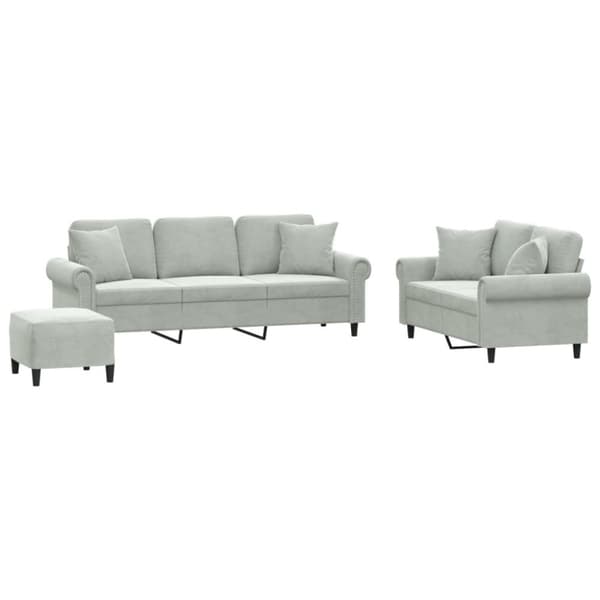 sofasæt 3 dele med puder velour lysegrå