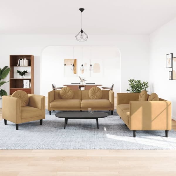 sofasæt 3 dele med puder velour brun