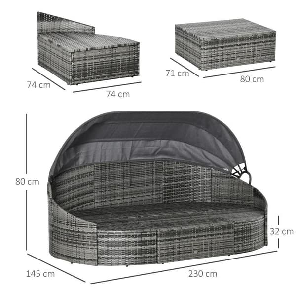 Rootz Rattan Sun Island - Rattan Lounge Sæt - Udtrækkelig baldakin - Sædepuder - Puder - Polyester - Grå - 230 cm x 145 cm x 80 cm