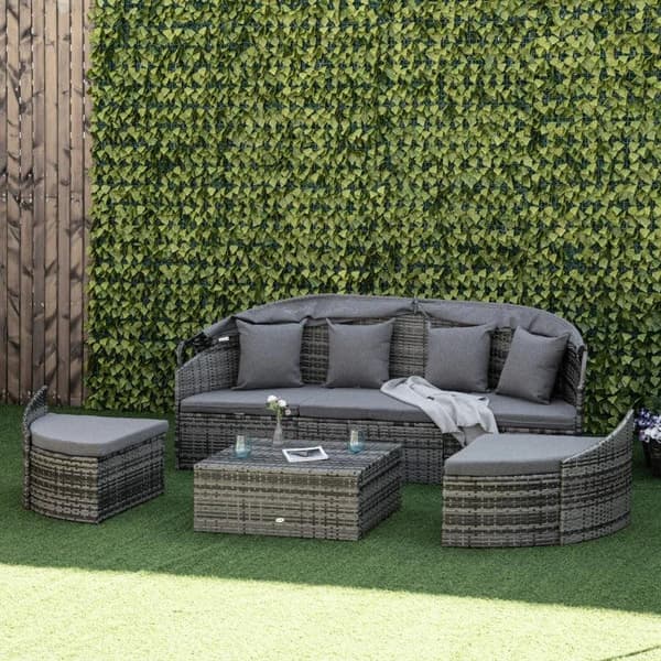 Rootz Rattan Sun Island - Rattan Lounge Sæt - Udtrækkelig baldakin - Sædepuder - Puder - Polyester - Grå - 230 cm x 145 cm x 80 cm