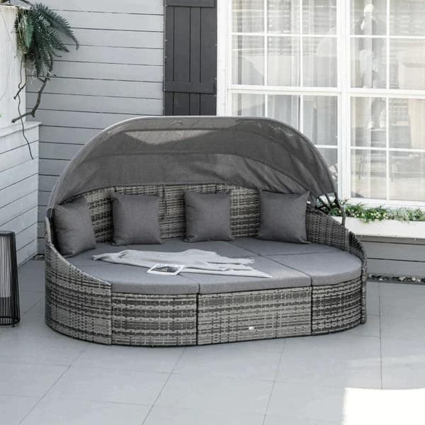 Rootz Rattan Sun Island - Rattan Lounge Sæt - Udtrækkelig baldakin - Sædepuder - Puder - Polyester - Grå - 230 cm x 145 cm x 80 cm