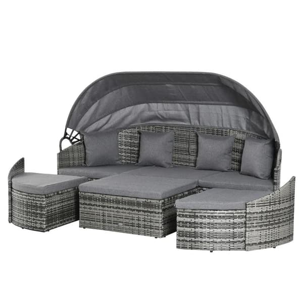 Rootz Rattan Sun Island - Rattan Lounge Sæt - Udtrækkelig baldakin - Sædepuder - Puder - Polyester - Grå - 230 cm x 145 cm x 80 cm