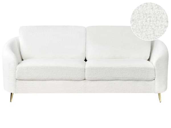 Sofa Hvit Boucle Møbeltrekk Gull Ben 3-seters Retro Stue