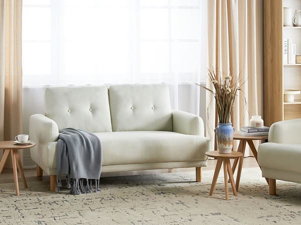 2-seters Sofa Off-White Polyester Stoff Treben Loveseat Sofa Retro Minimalistisk Stuemøbler