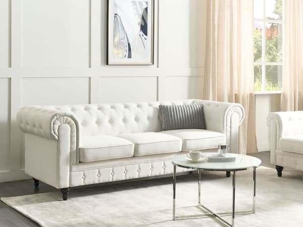 Chesterfield Sofa Off-white Stoff Møbeltrekk Mørkt Tre Ben 3-seters