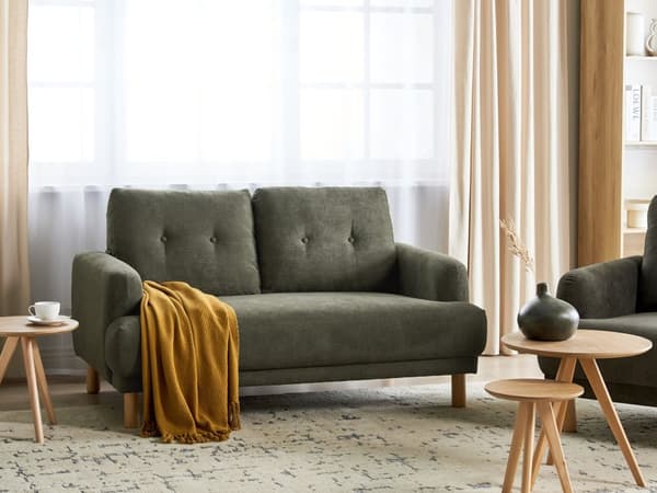 Sohva tummanvihreä vakosametti verhoiltu puujalat kahdelle nappikoristeltu olohuoneen retro minimalistinen tyyli