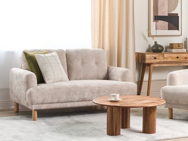 Sohva beige bukleekangas verhoiltu puujalat kahdelle nappikoristeltu olohuoneen retro minimalistinen tyyli