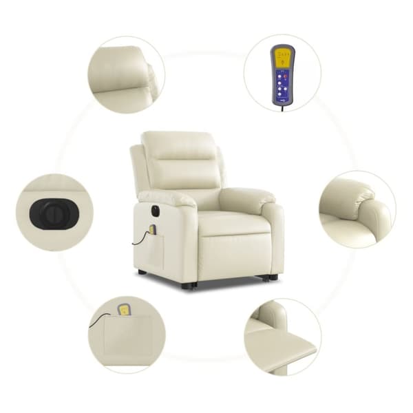 vidaXL Massagefåtölj med uppresningshjälp gräddvit konstläder
