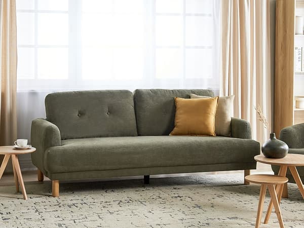 3-seters Sofa Mørkegrønn Kordfløyel Treben Loveseat Sofa Retro Minimalistisk Stuemøbler
