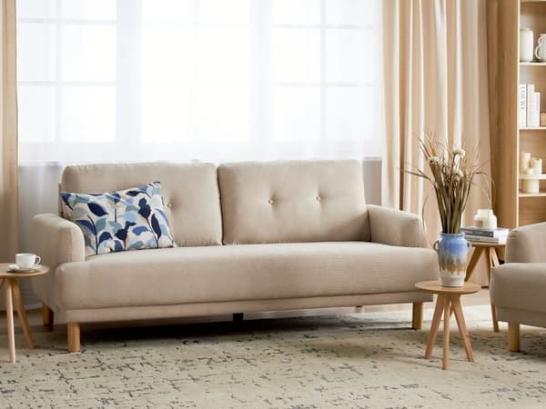 3-seters Sofa Beige Kordfløyel Treben Loveseat Sofa Retro Minimalistisk Stuemøbler