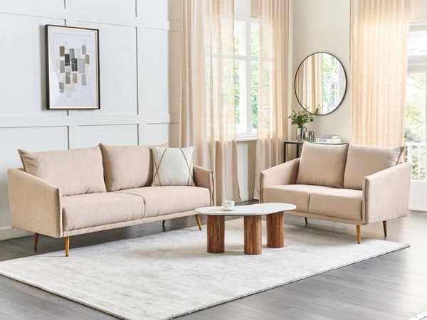 Sofa Beige Fløyel 2 Seter Ryggstøttet Sete Metall Gyllene Ben Retro Glam