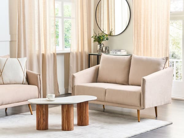 Sofa Beige Fløyel 2 Seter Ryggstøttet Sete Metall Gyllene Ben Retro Glam