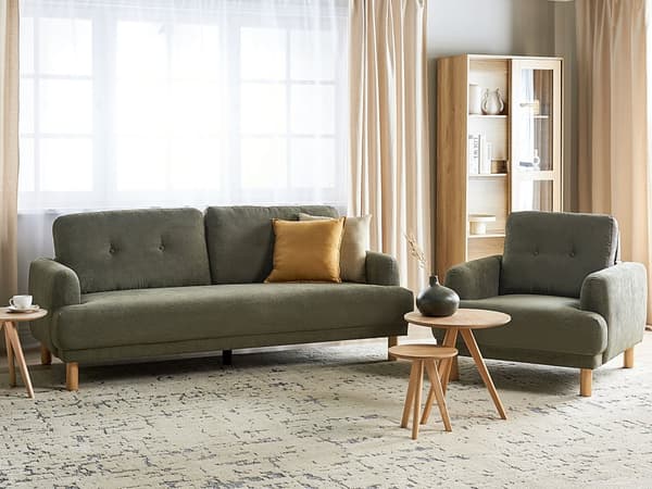 Sofagruppe 3-seters Sofa Lenestol Mørkegrønn Kordfløyel Treben Loveseat Retro Minimalistisk Stue Møbler