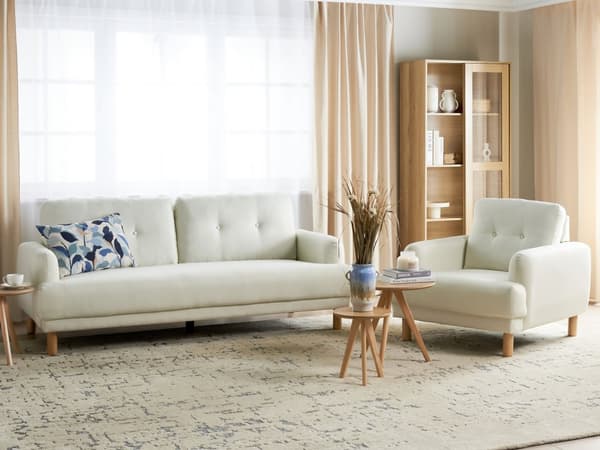Sofagruppe 3-seters Sofa Lenestol Off-White Polyester Stoff Treben Loveseat Retro Minimalistisk Stue Møbler