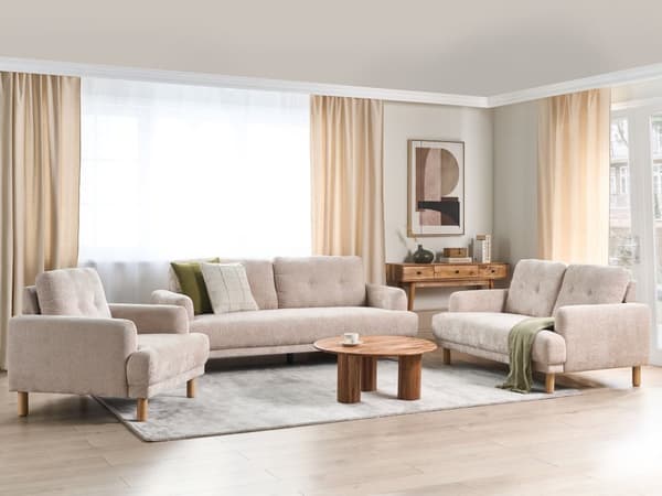 Sofa Beige Boucle 3 Personers Tyk Polstret Dyb Blød Stofsofa til Stuen Vintage Retro Inspiration Stue Møbel Moderne