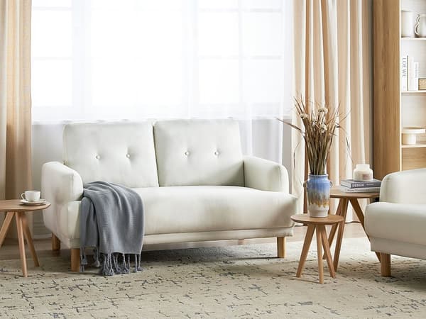 Sofa Off White Polyester 2 Personers Tyk Polstret Dyb Blød Stofsofa til Stuen Vintage Retro Inspiration Stue Møbel Moderne
