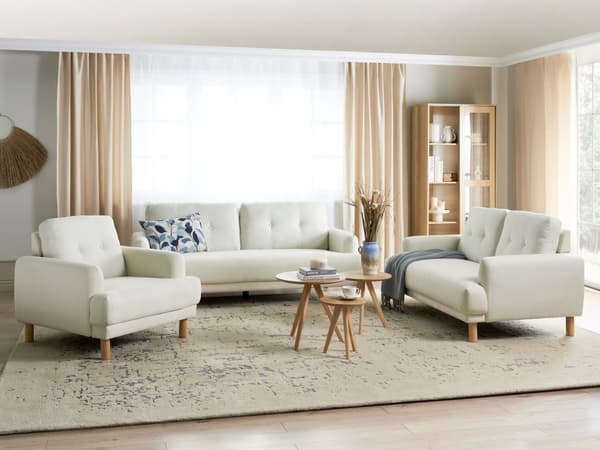 Sofa Off White Polyester 3 Personers Tyk Polstret Dyb Blød Stofsofa til Stuen Vintage Retro Inspiration Stue Møbel Moderne