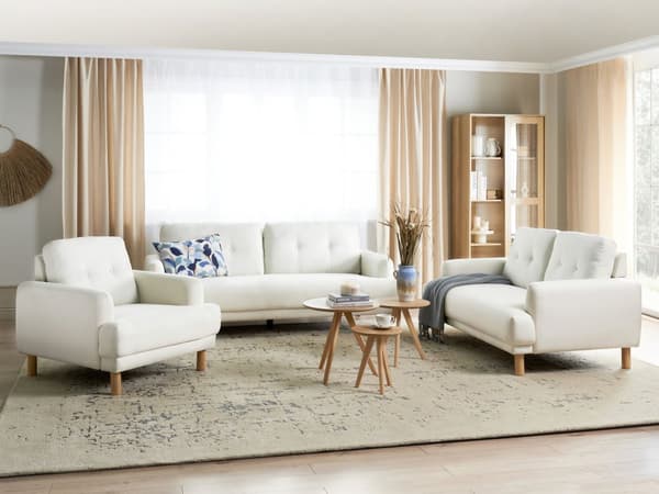 Sofa Off White Polyester 3 Personers Tyk Polstret Dyb Blød Stofsofa til Stuen Vintage Retro Inspiration Stue Møbel Moderne