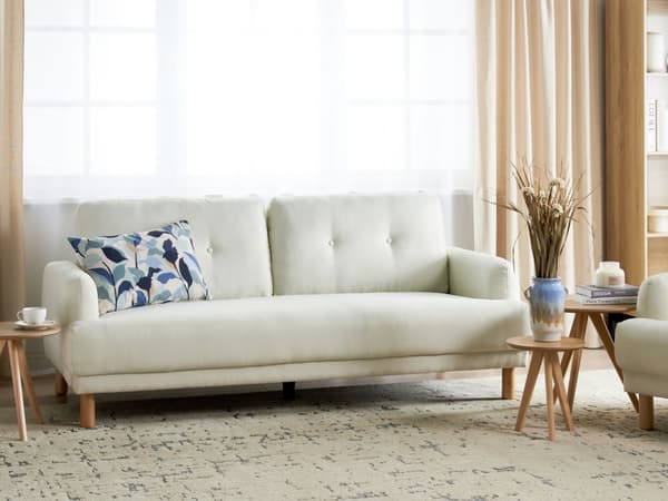 Sofa Off White Polyester 3 Personers Tyk Polstret Dyb Blød Stofsofa til Stuen Vintage Retro Inspiration Stue Møbel Moderne