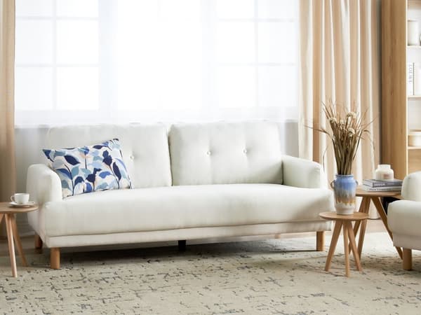 Sofa Off White Polyester 3 Personers Tyk Polstret Dyb Blød Stofsofa til Stuen Vintage Retro Inspiration Stue Møbel Moderne