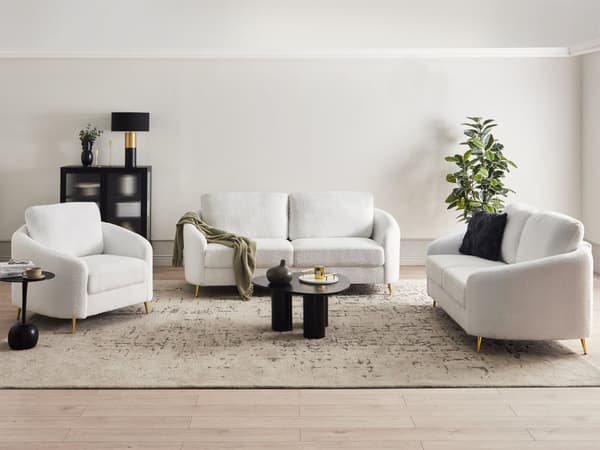 Soffa Vit Boucléklädsel Guldben 3-sits Retro