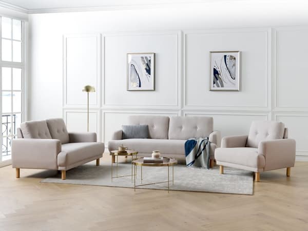 Soffa 3-sits Taupe Polyestertyg Träben Loveseat Retro Minimalistiska Vardagsrumsmöbler