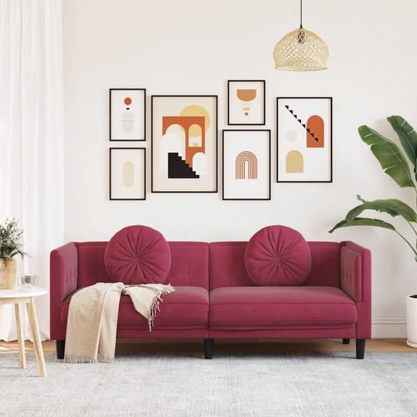 vidaXL Soffa med kuddar 3-sits vinröd sammet