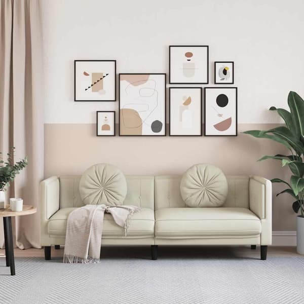 vidaXL Soffa med kuddar 3-sits gräddvit sammet