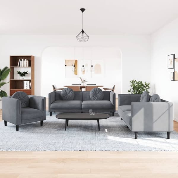 vidaXL sofasæt 3 dele med puder velour mørkegrå